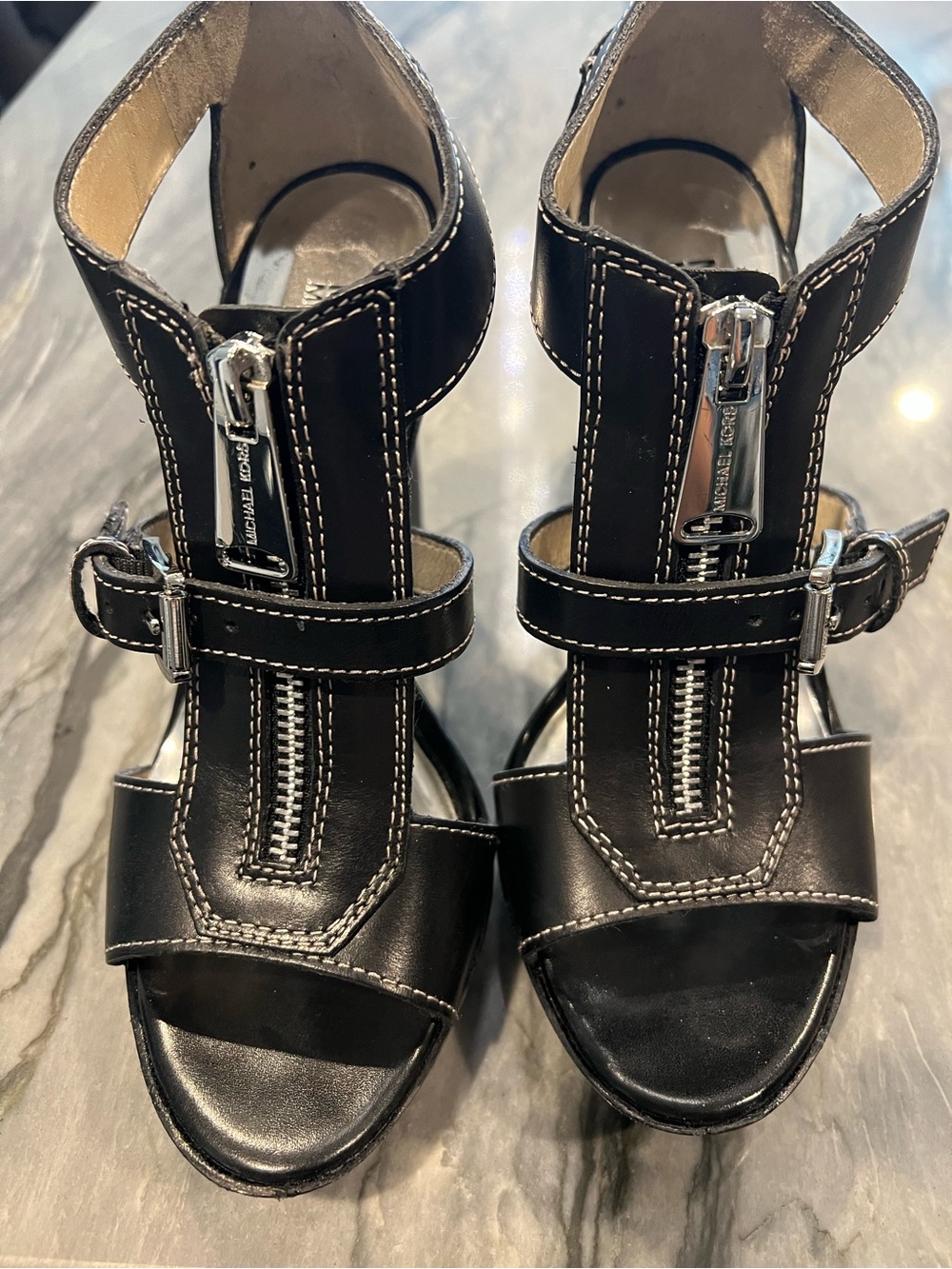 Michael Kors Black Leather Zip-Front Open-Toe Ankle-Strap Heels